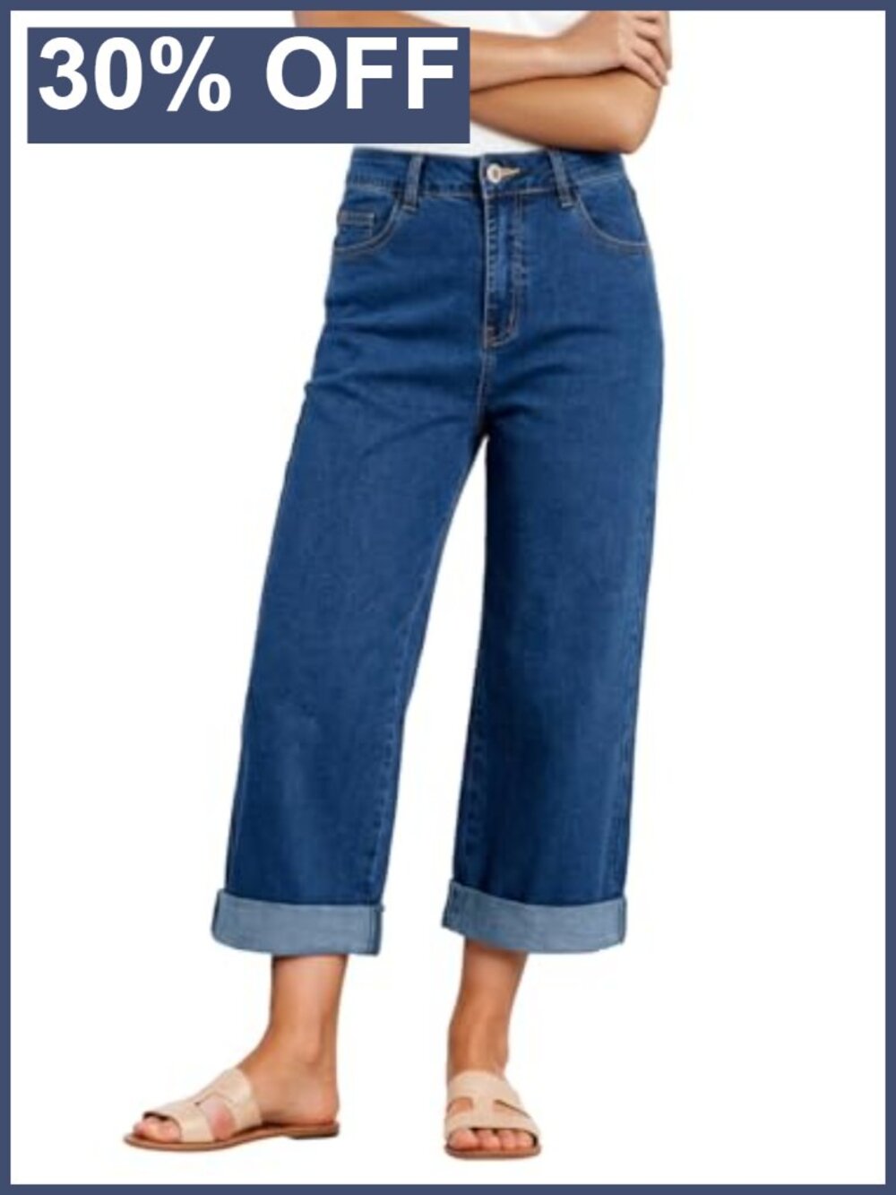 High Waisted Wide Leg Cropped Capri Jeans Rolled Hem Denim Pants